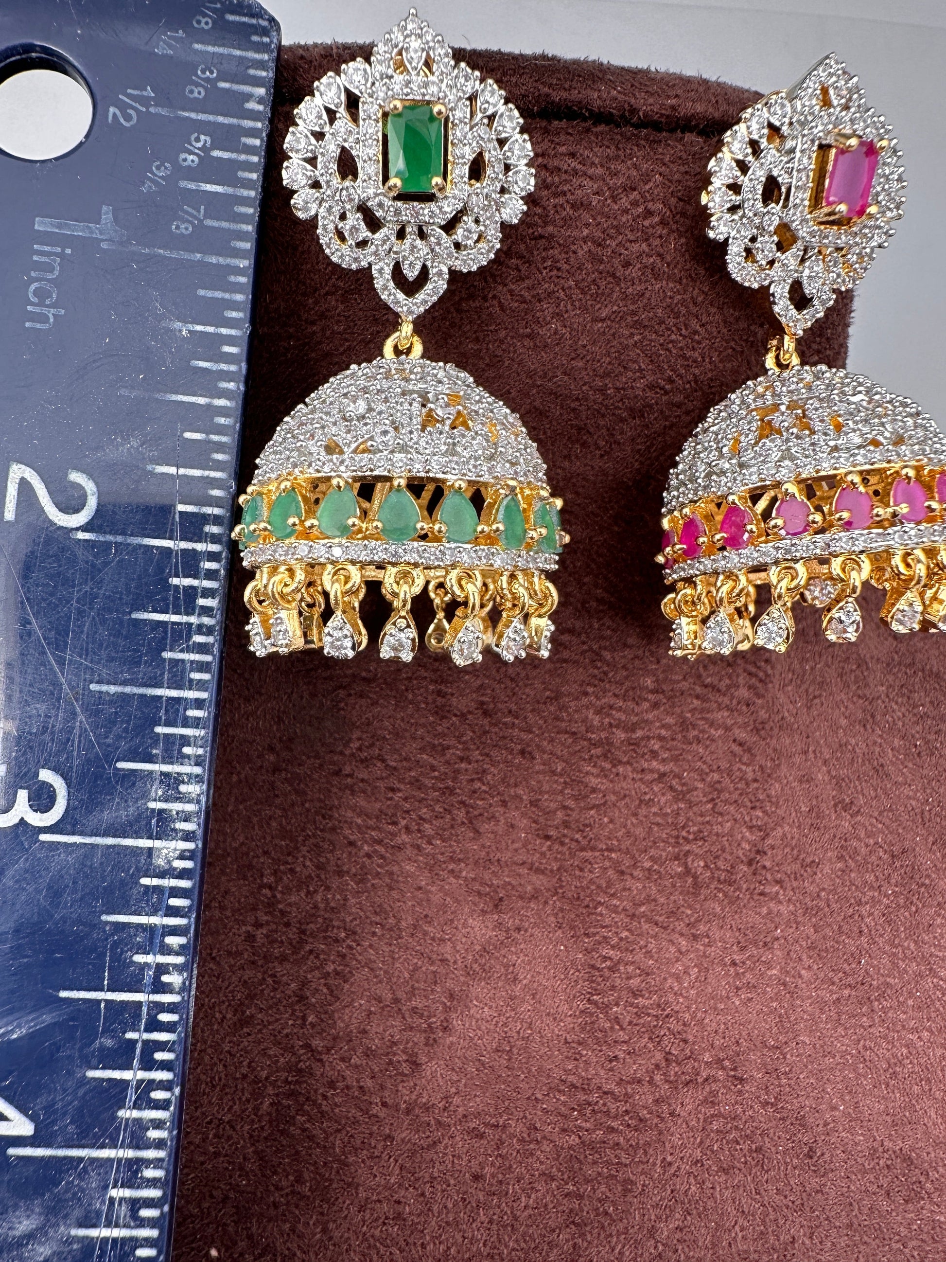 Diamond Finish Color Stone Jhumka Earings - Green