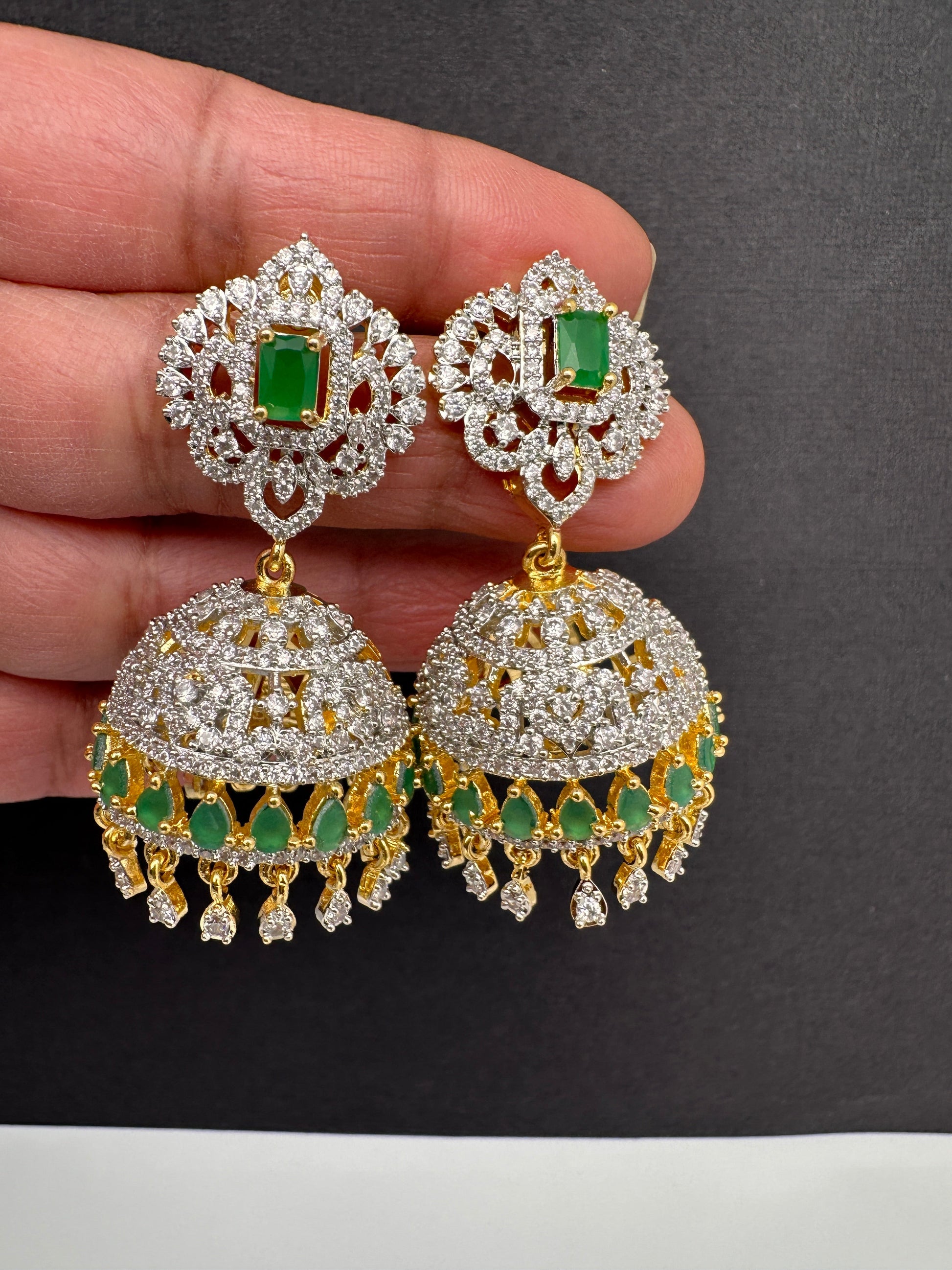 Diamond Finish Color Stone Jhumka Earings - Green