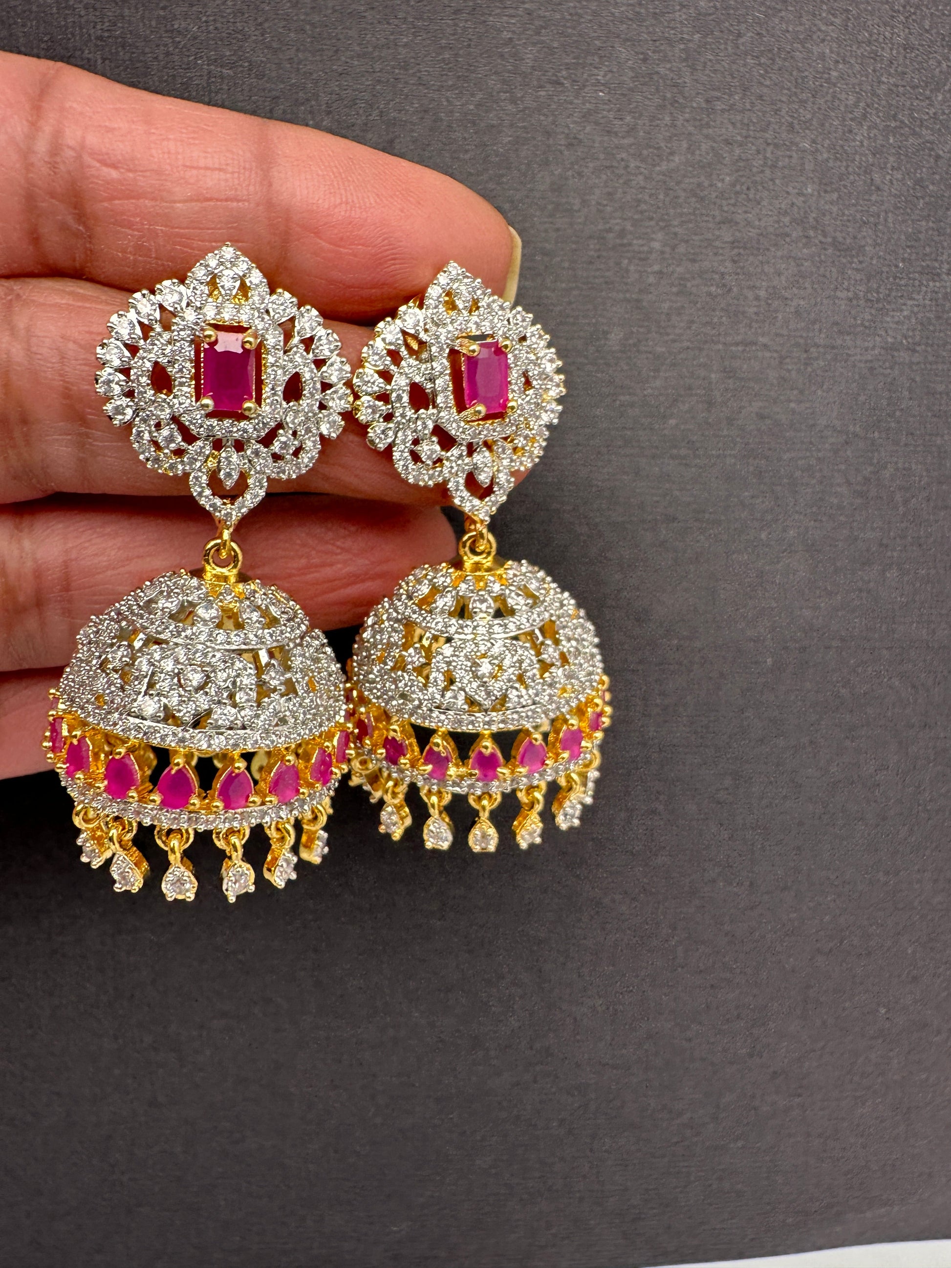 Diamond Finish Color Stone Jhumka Earings - Red