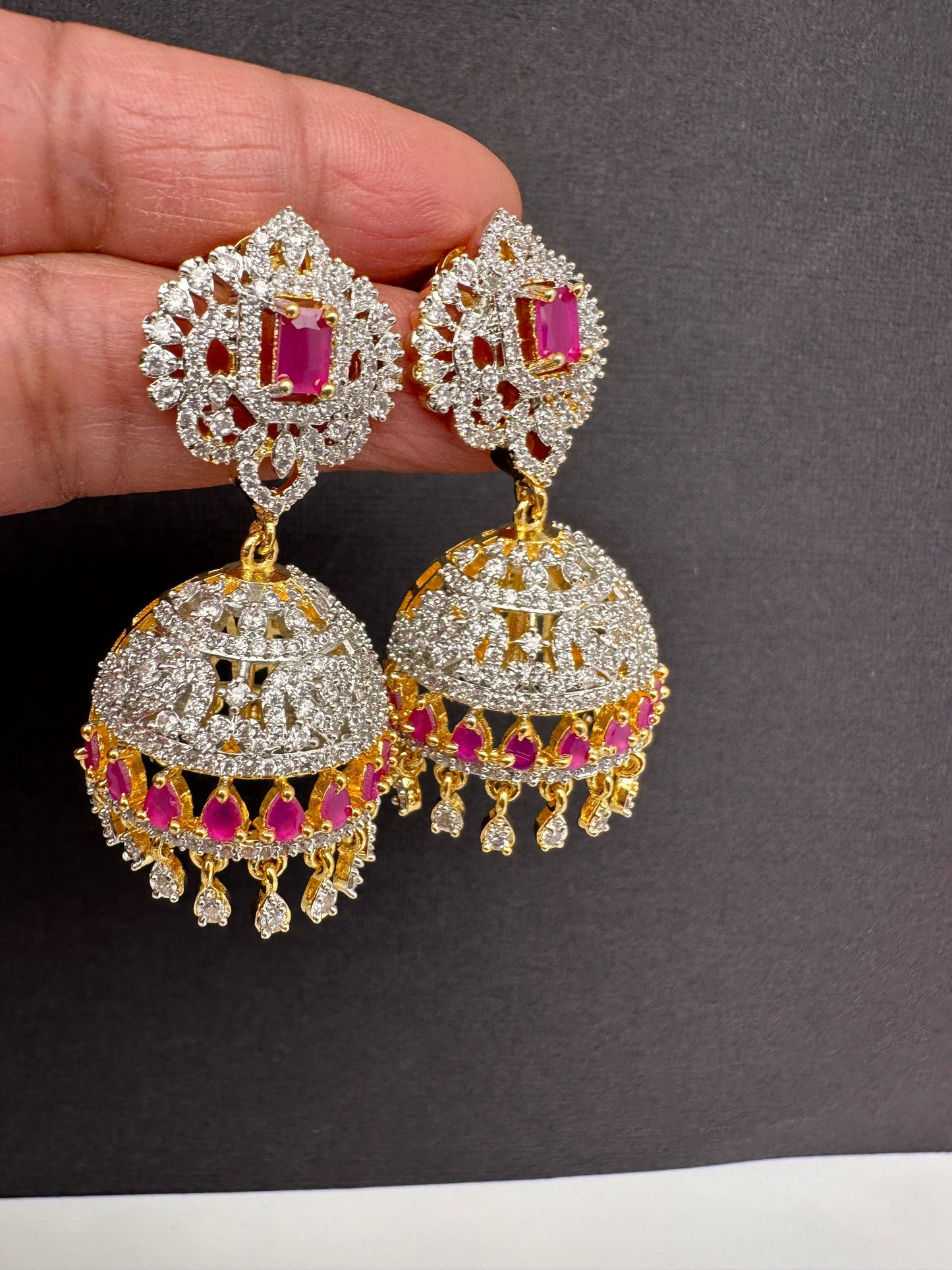 Diamond Finish Color Stone Jhumka Earings - Red