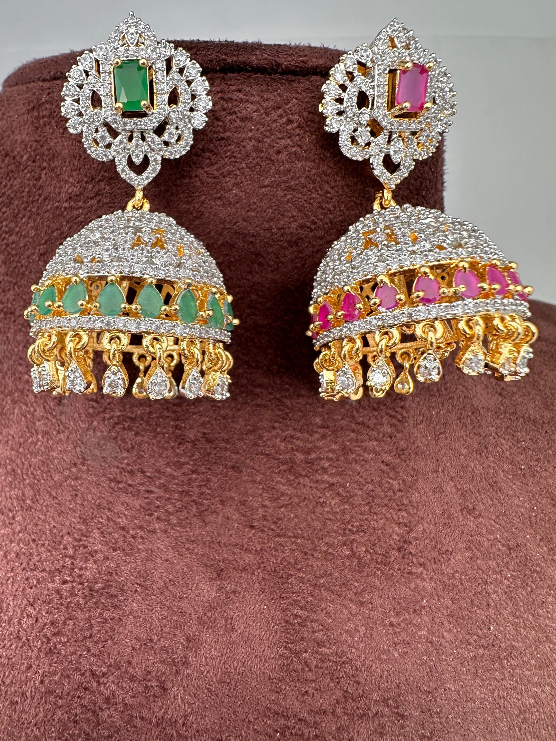 Diamond Finish Color Stone Jhumka Earings - Red