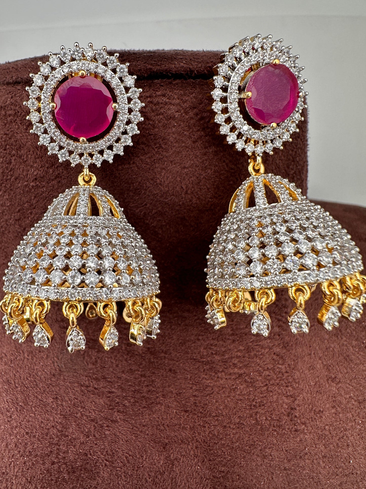 Diamond Finish Color Stone Jhumka Earings - Red