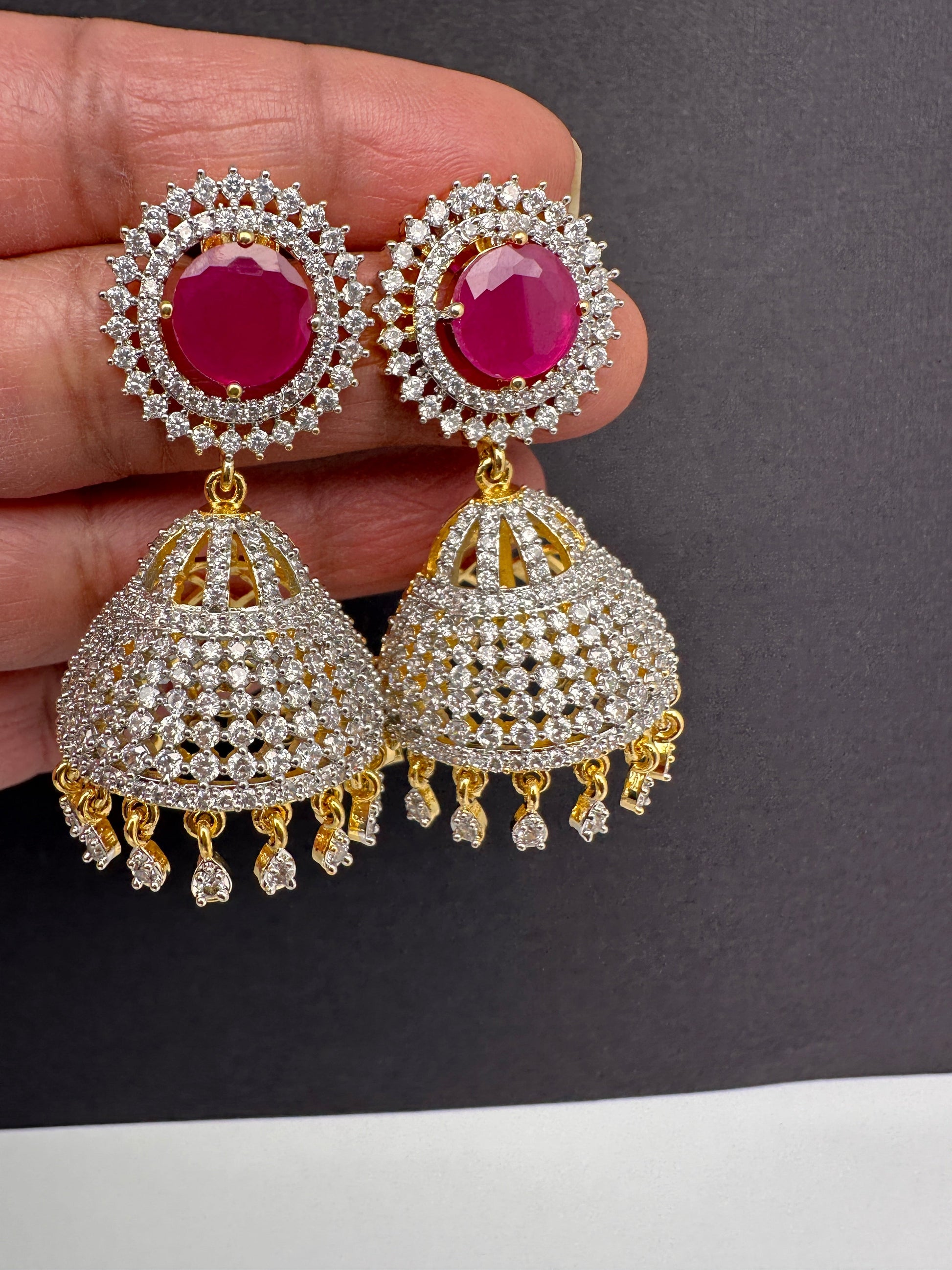 Diamond Finish Color Stone Jhumka Earings - Red