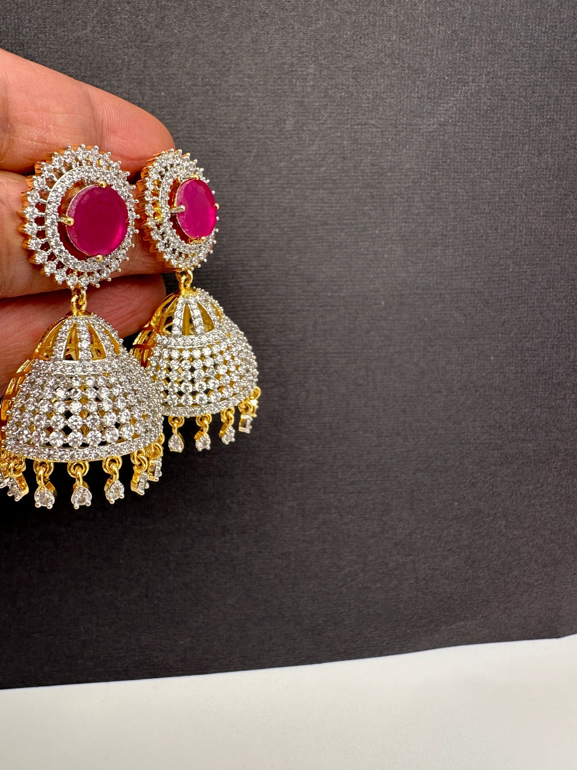 Diamond Finish Color Stone Jhumka Earings - Red