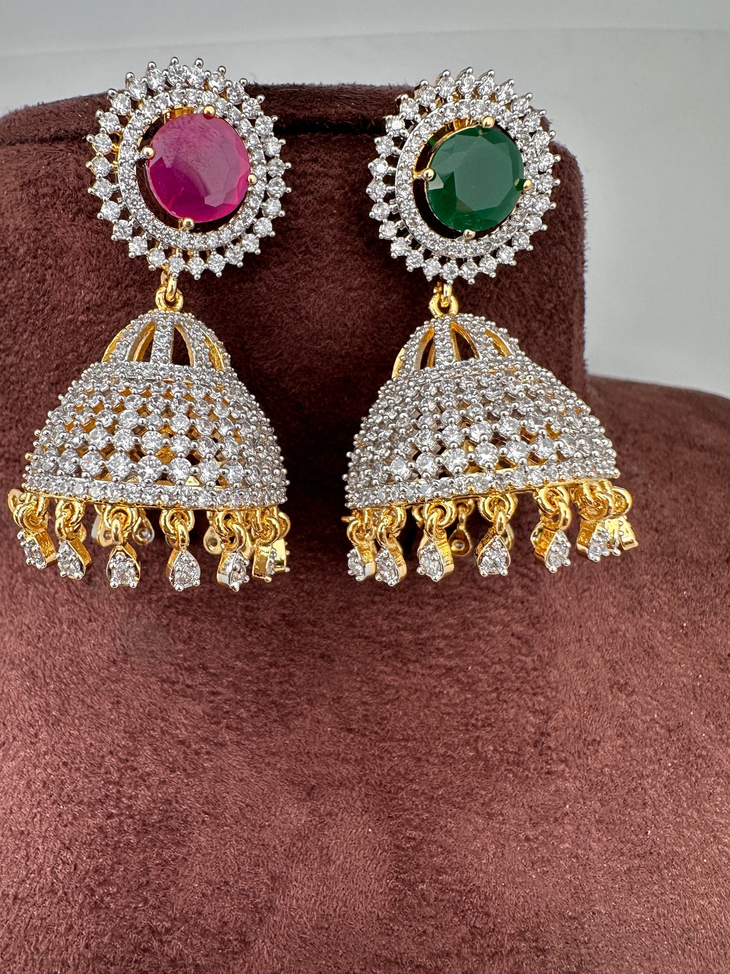 Diamond Finish Color Stone Jhumka Earings - Red