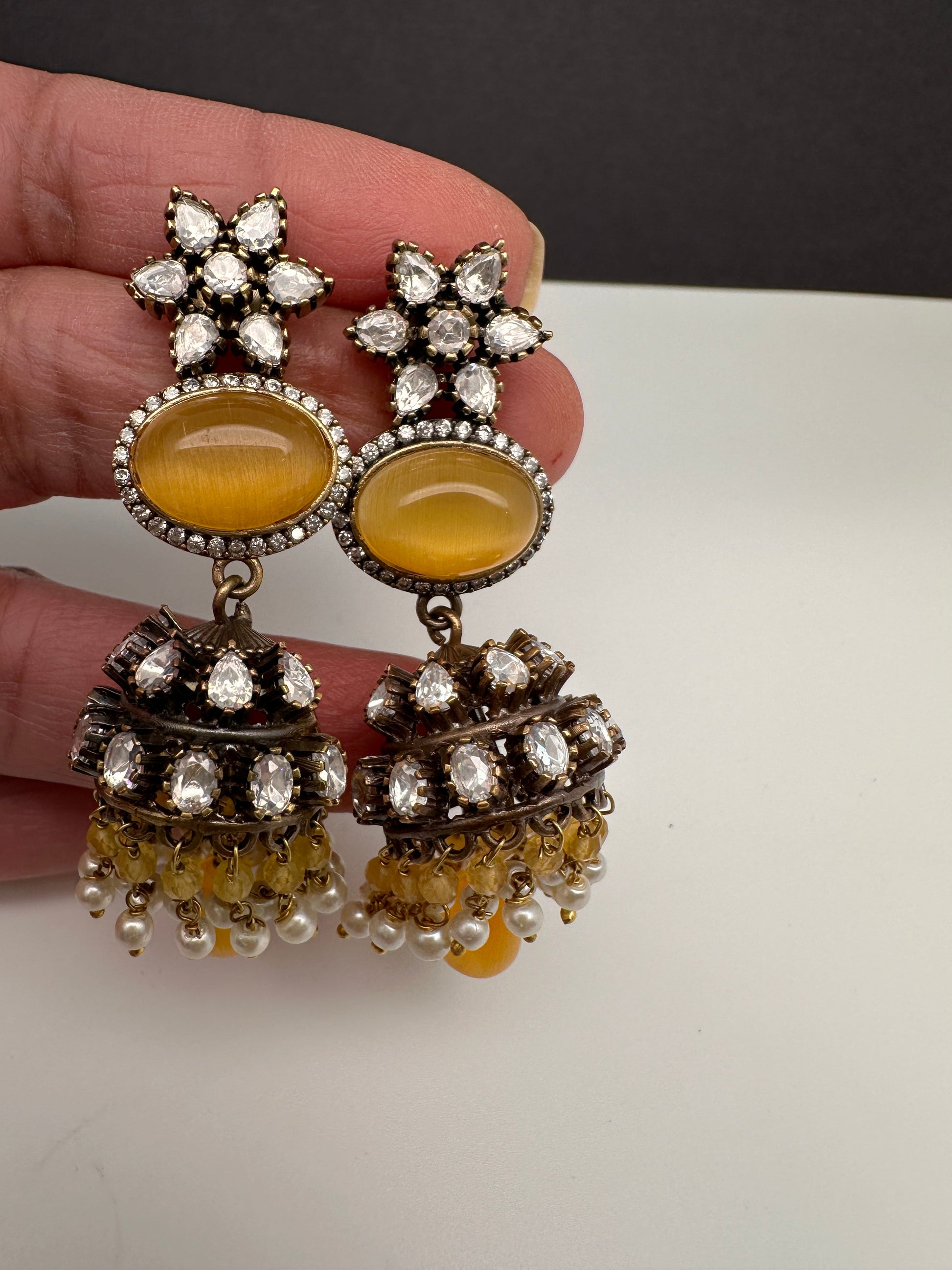 Moissanite Victorian Color Stone Jhumki Earings - Yellow