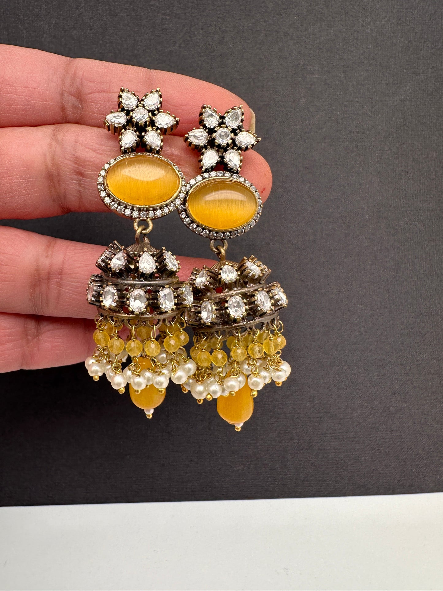 Moissanite Victorian Color Stone Jhumki Earings - Yellow