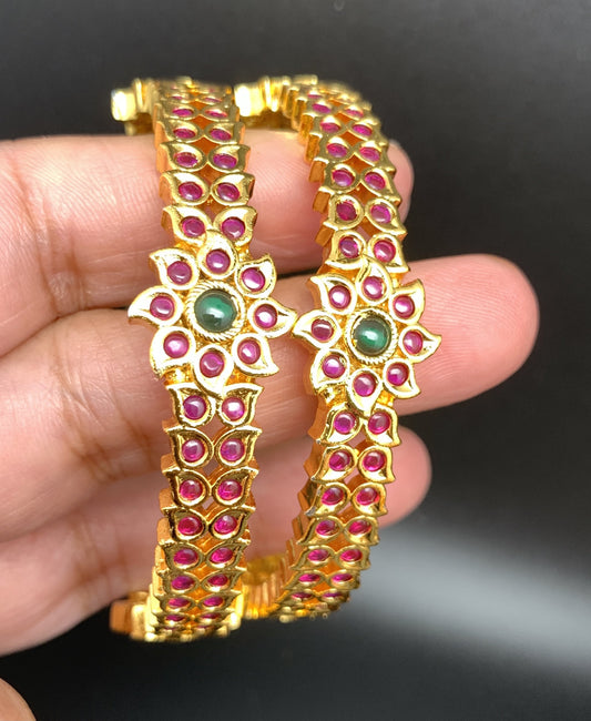 Traditional CZ Red and Green Stone Golden Bangles