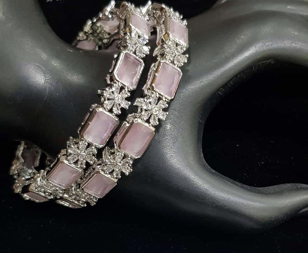 Monalisa Pink AD Silver Finish Bangles