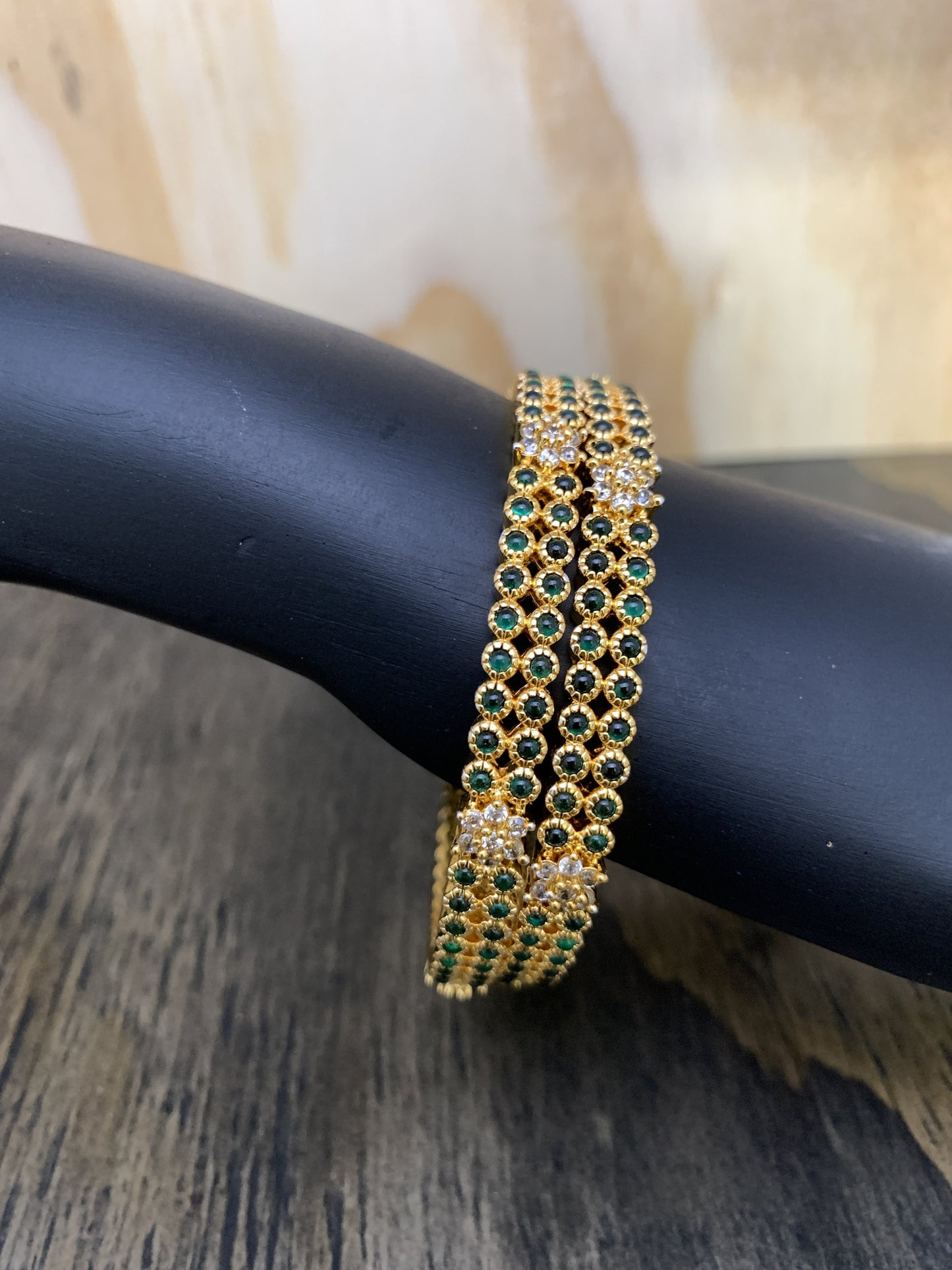 Green Stone and CZ Double Line Bangle