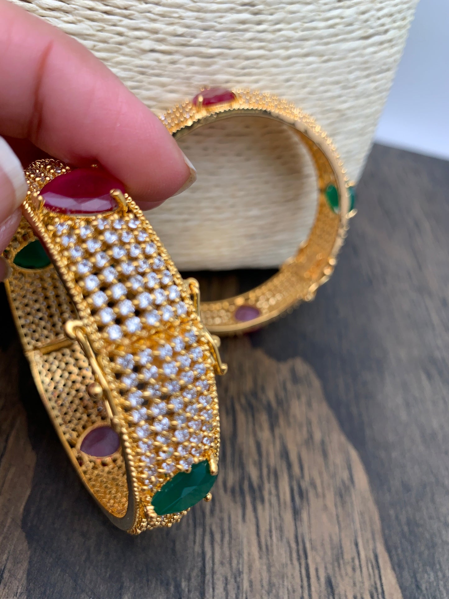 AD Red Green Stone Openable Bangle