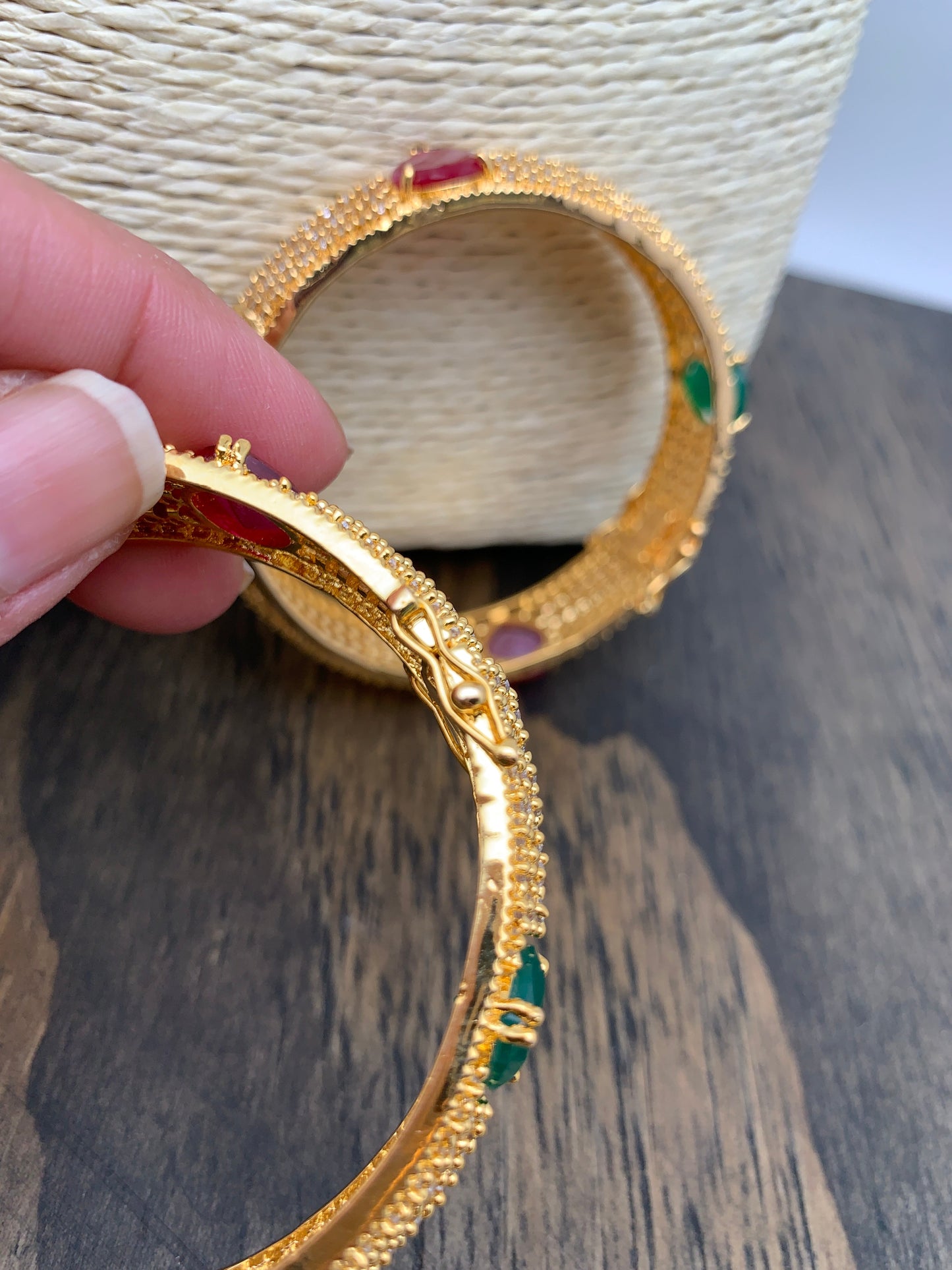 AD Red Green Stone Openable Bangle