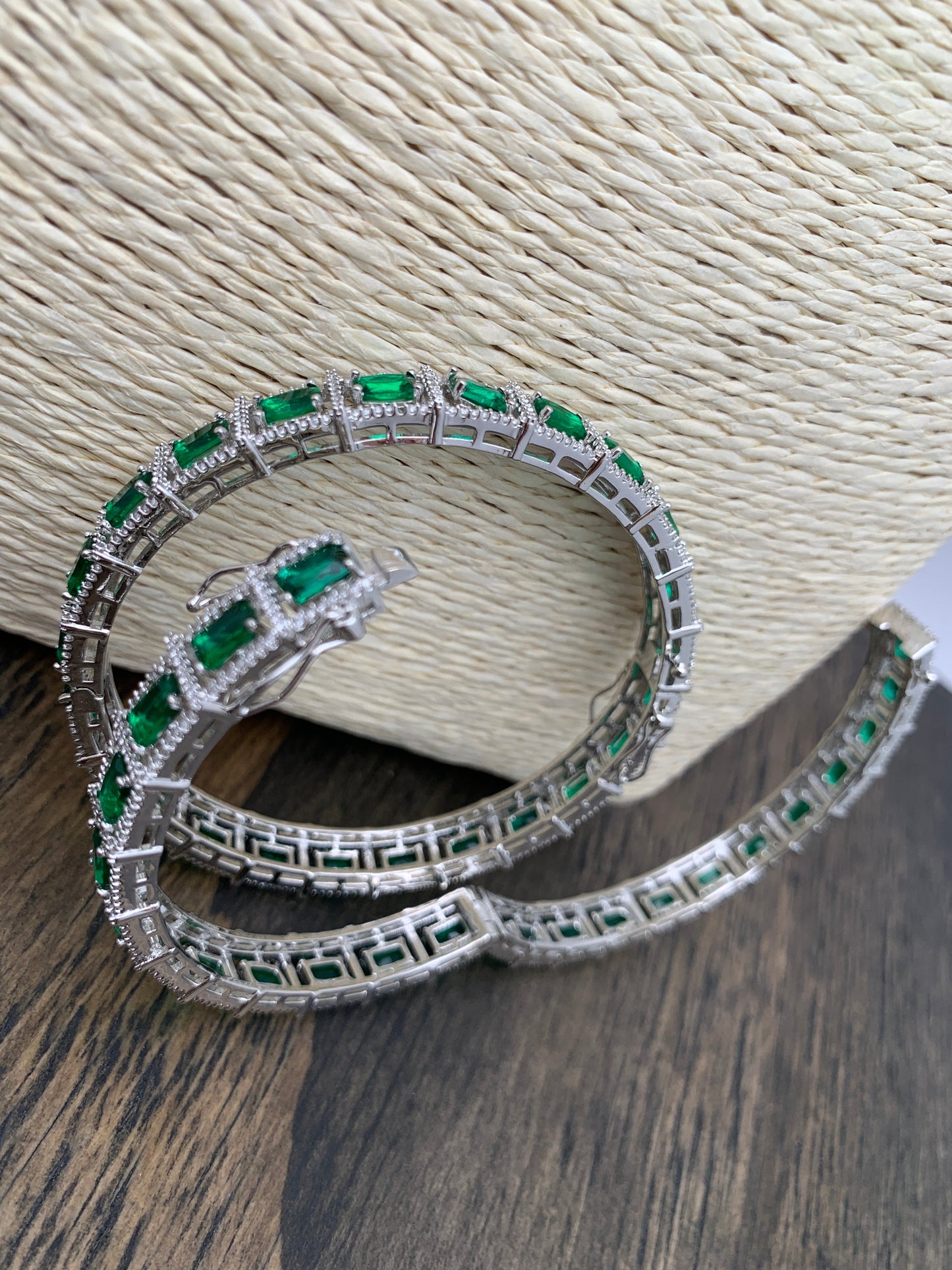 AD Emerald Green Stone Silver Polish Openable Bangles