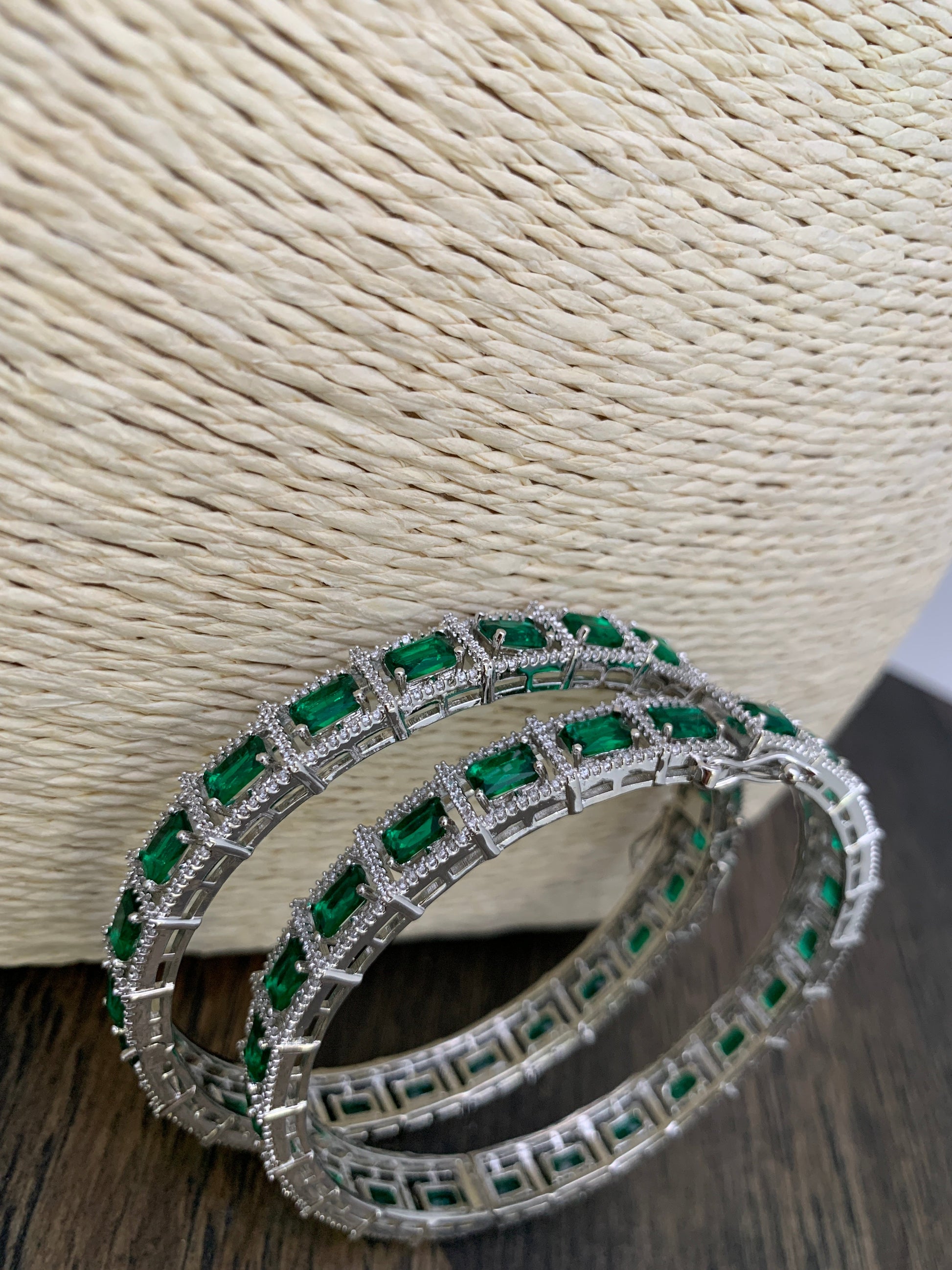 AD Emerald Green Stone Silver Polish Openable Bangles