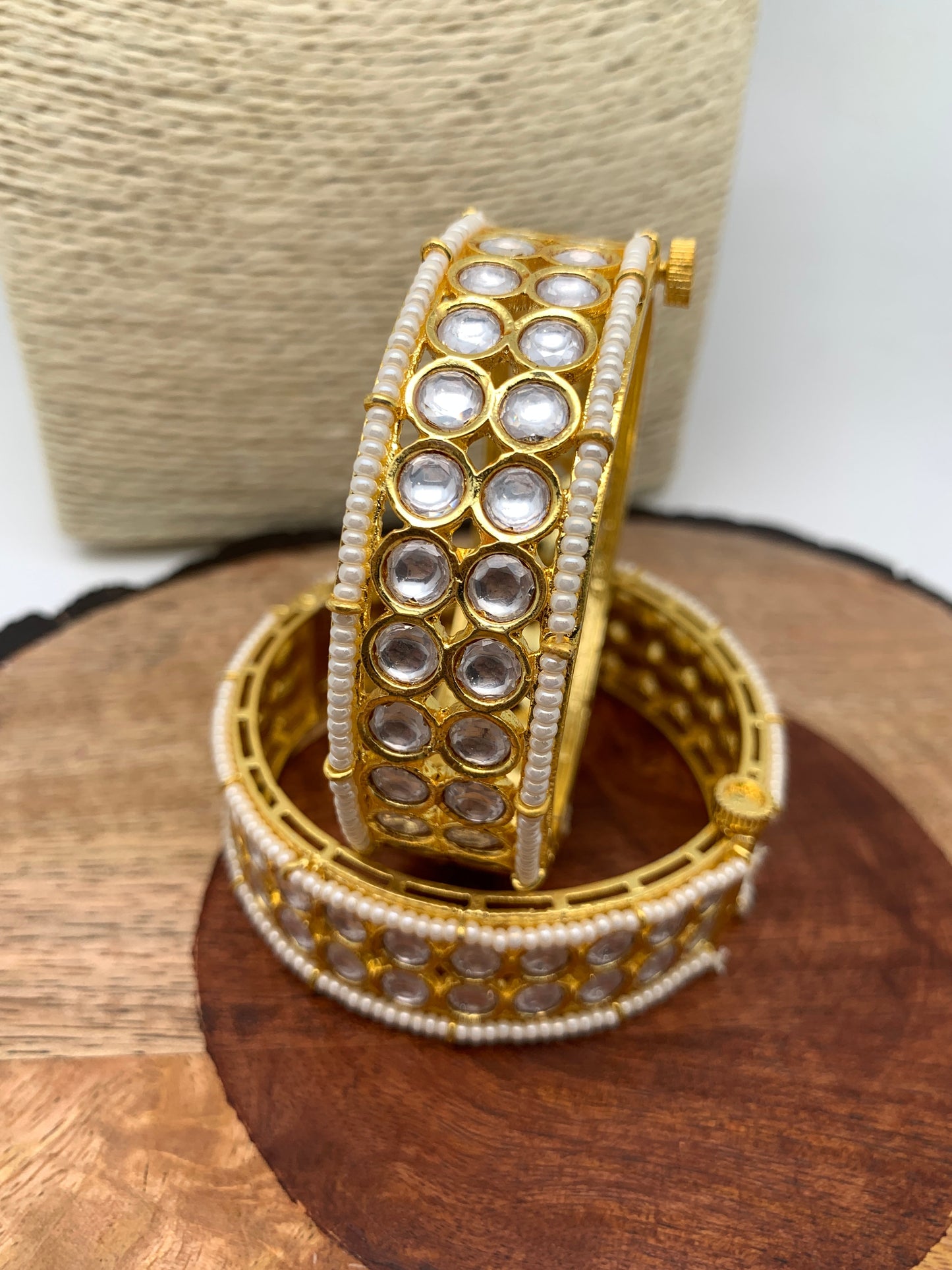 Two Line Kundan Pearls Openable Bangles