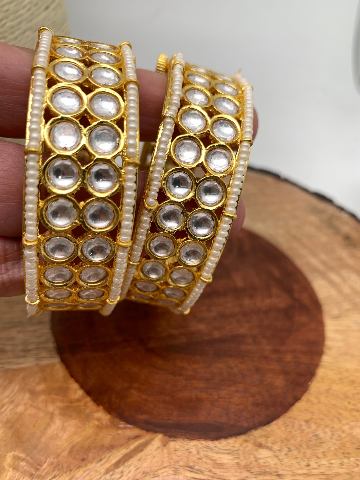 Two Line Kundan Pearls Openable Bangles