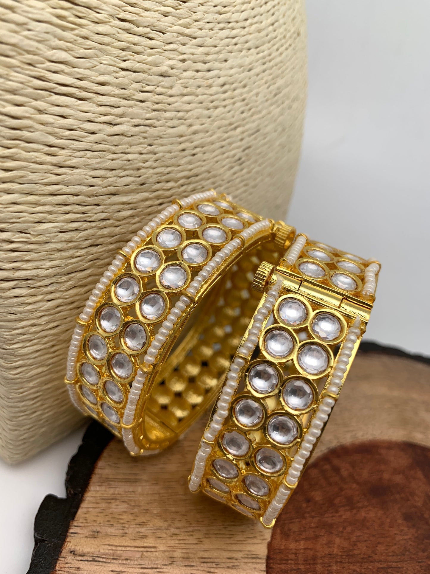 Two Line Kundan Pearls Openable Bangles