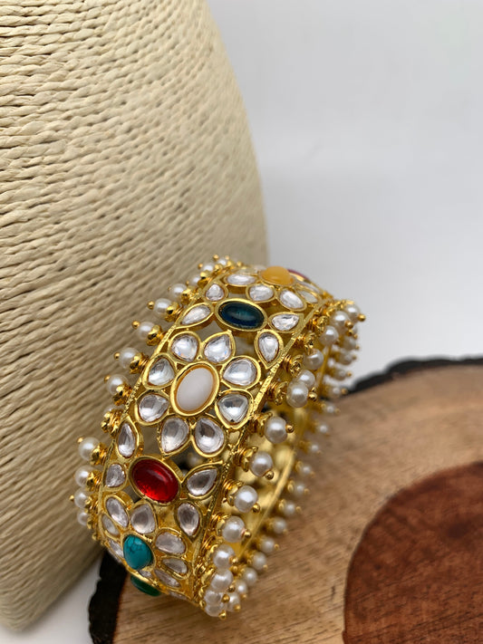 Kundan Navratan Stone Pearls Openable Kada Bangle