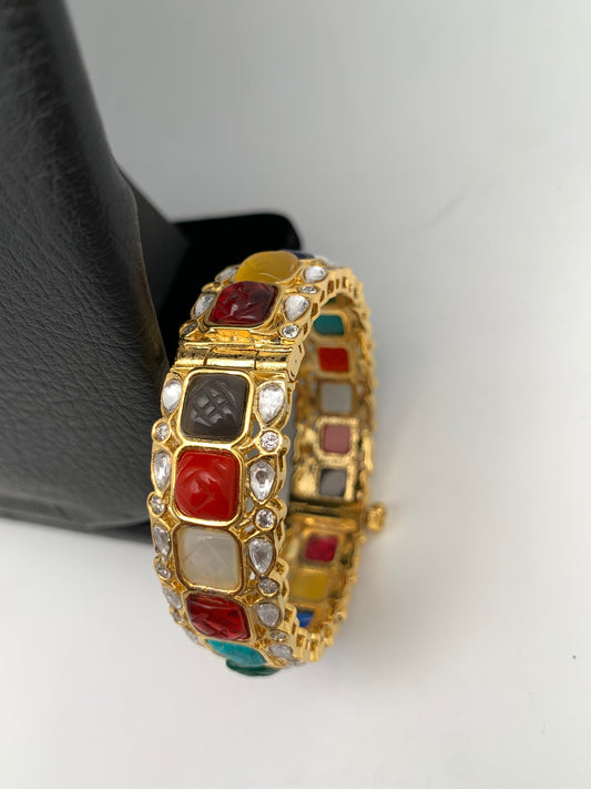 Kundan Carved Multi Stone Openable Kada Bangle