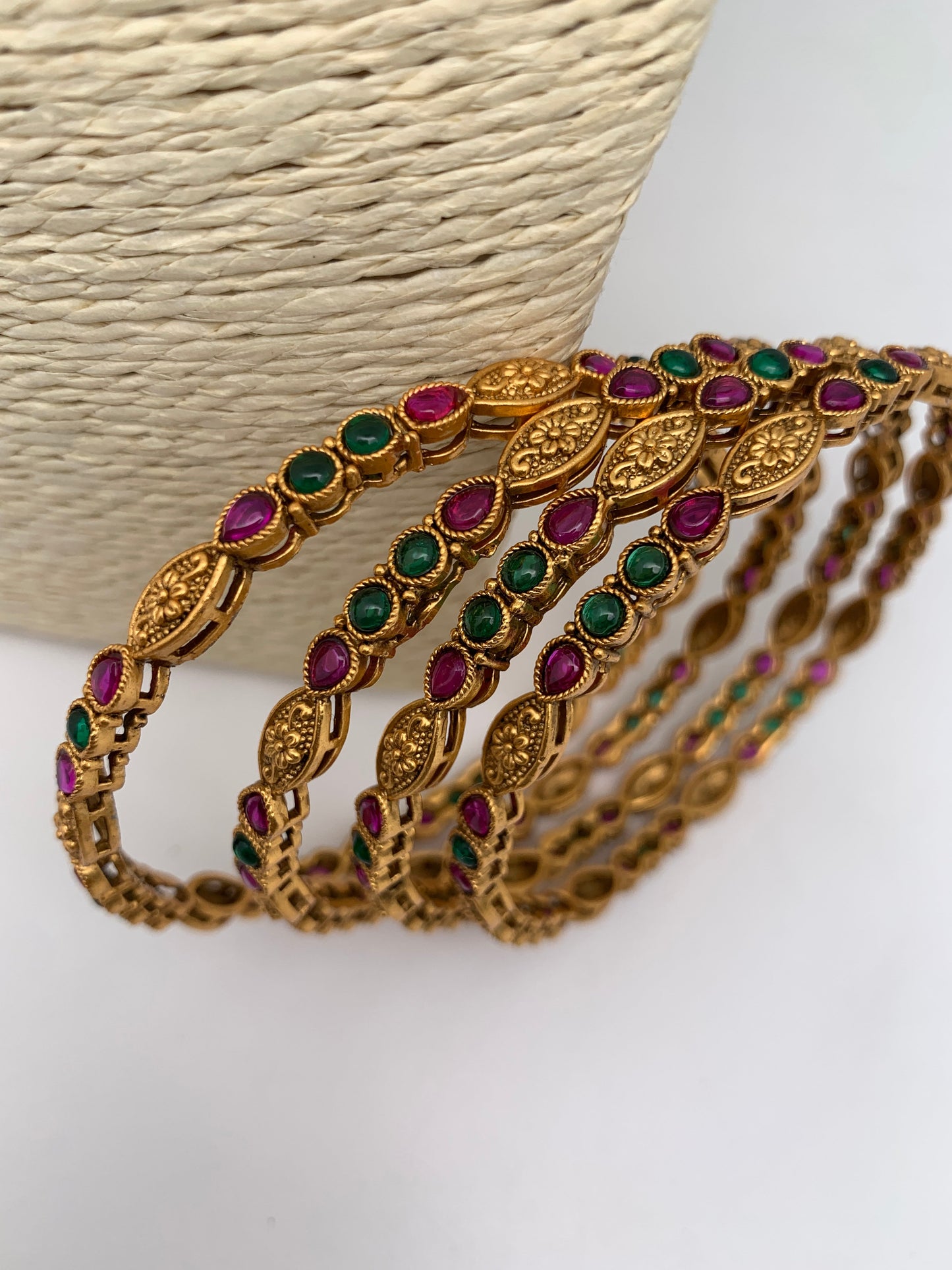 Red Green Stone Golden Bangles