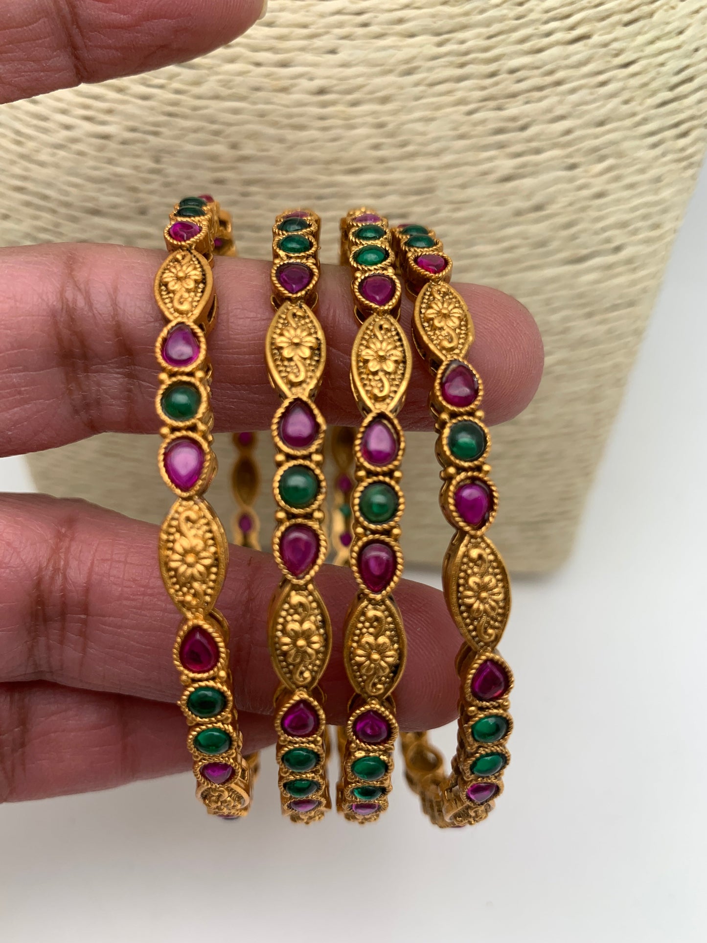 Red Green Stone Golden Bangles