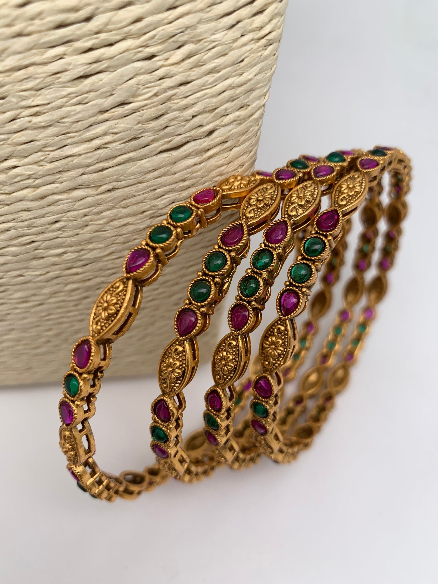 Red Green Stone Golden Bangles