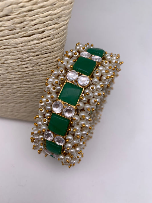 Cluster Pearl Green Stone Kundan Openable Kada