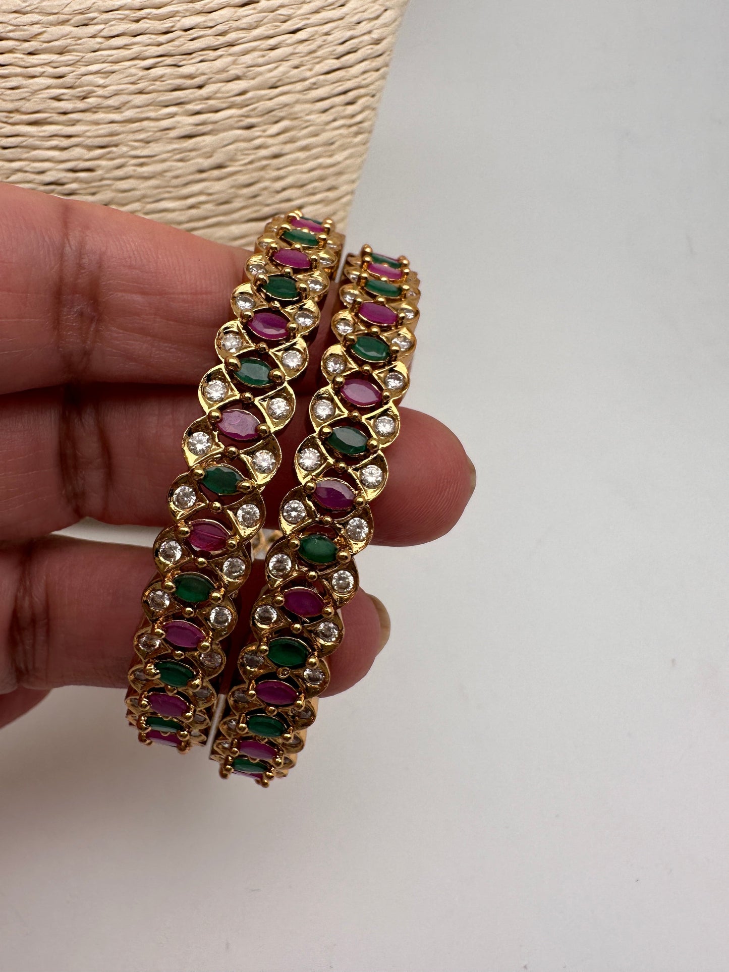 AD Red Green Multi Stone Matte Finish Bangles