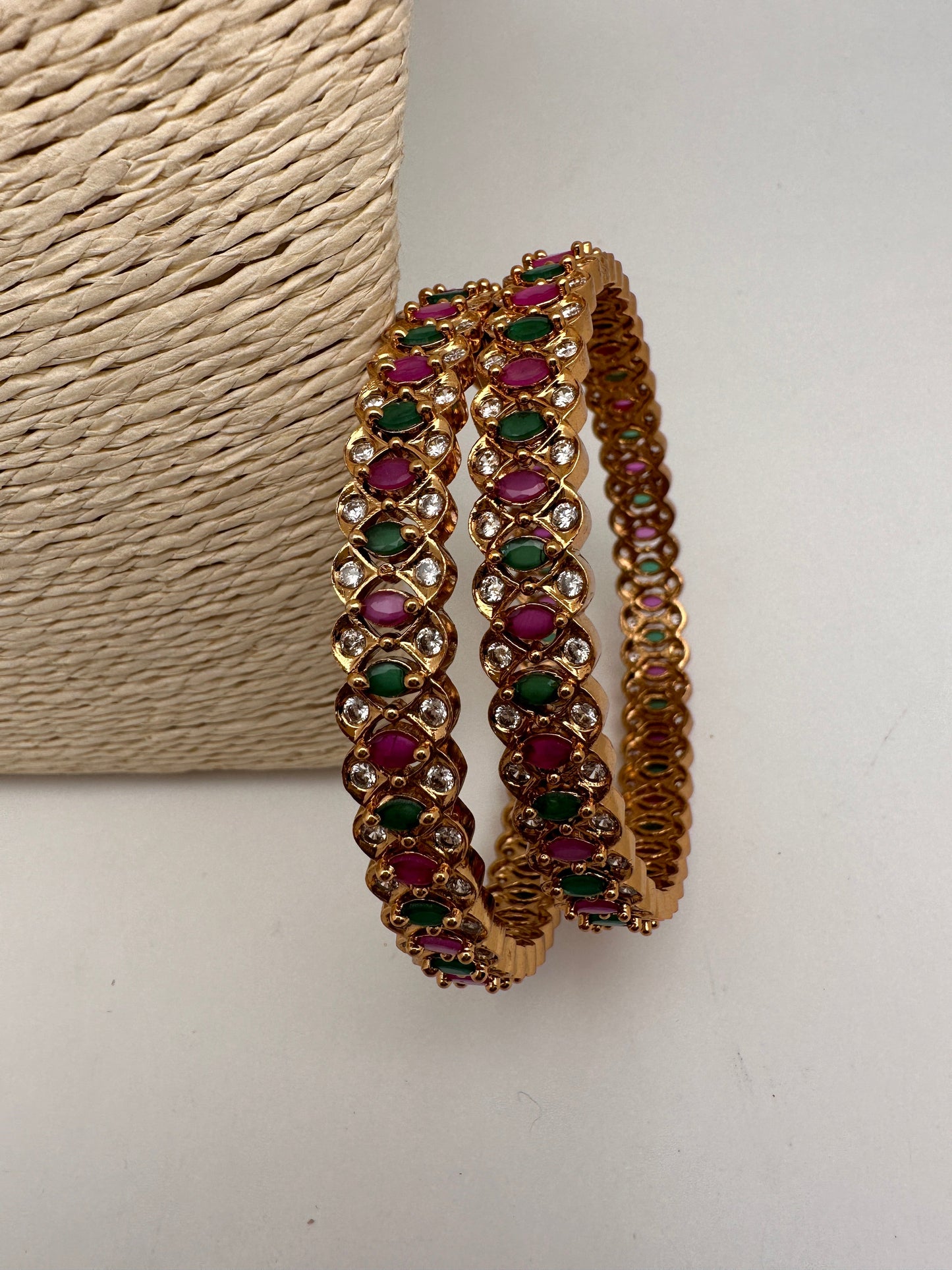 AD Red Green Multi Stone Matte Finish Bangles