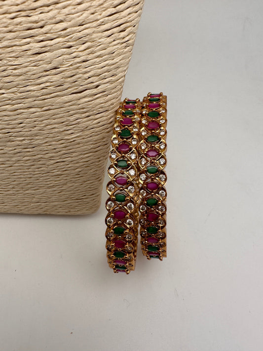 AD Red Green Multi Stone Matte Finish Bangles