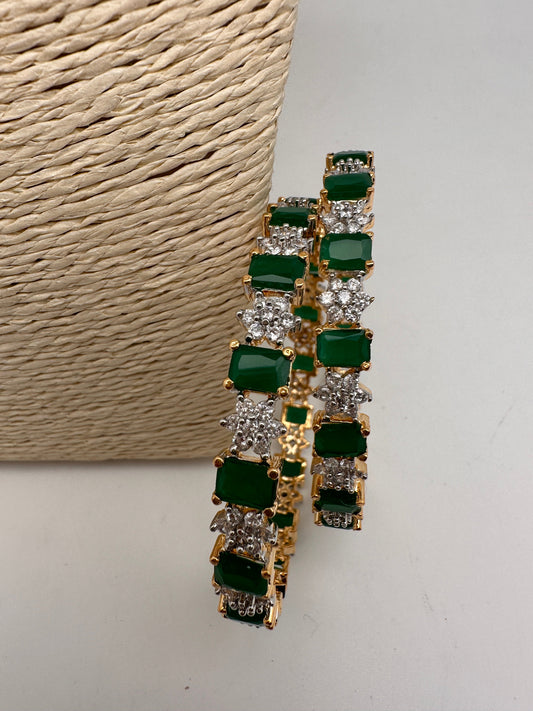 AD Emerald Green Stone Diamond Finish Bangles