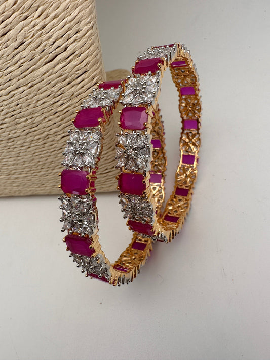 AD Ruby Red Stone Diamond Finish Floral Pattern Bangles