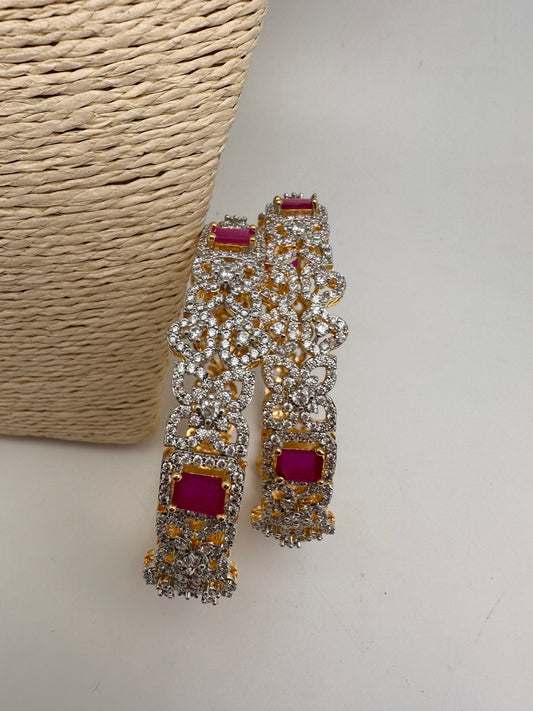 AD Ruby Red Stone Diamond Finish Floral Pattern Bangles