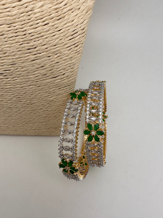 AD Emerald Green Stone Diamond Finish Floral Pattern Bangles