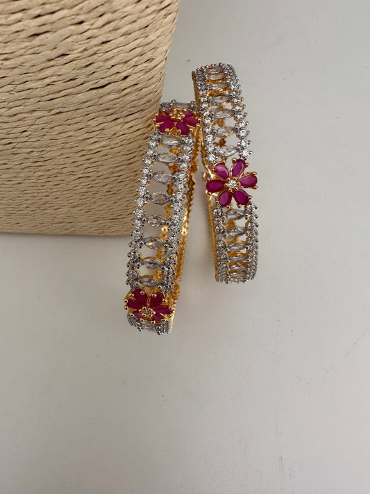 AD Ruby Red Stone Diamond Finish Floral Pattern Bangles