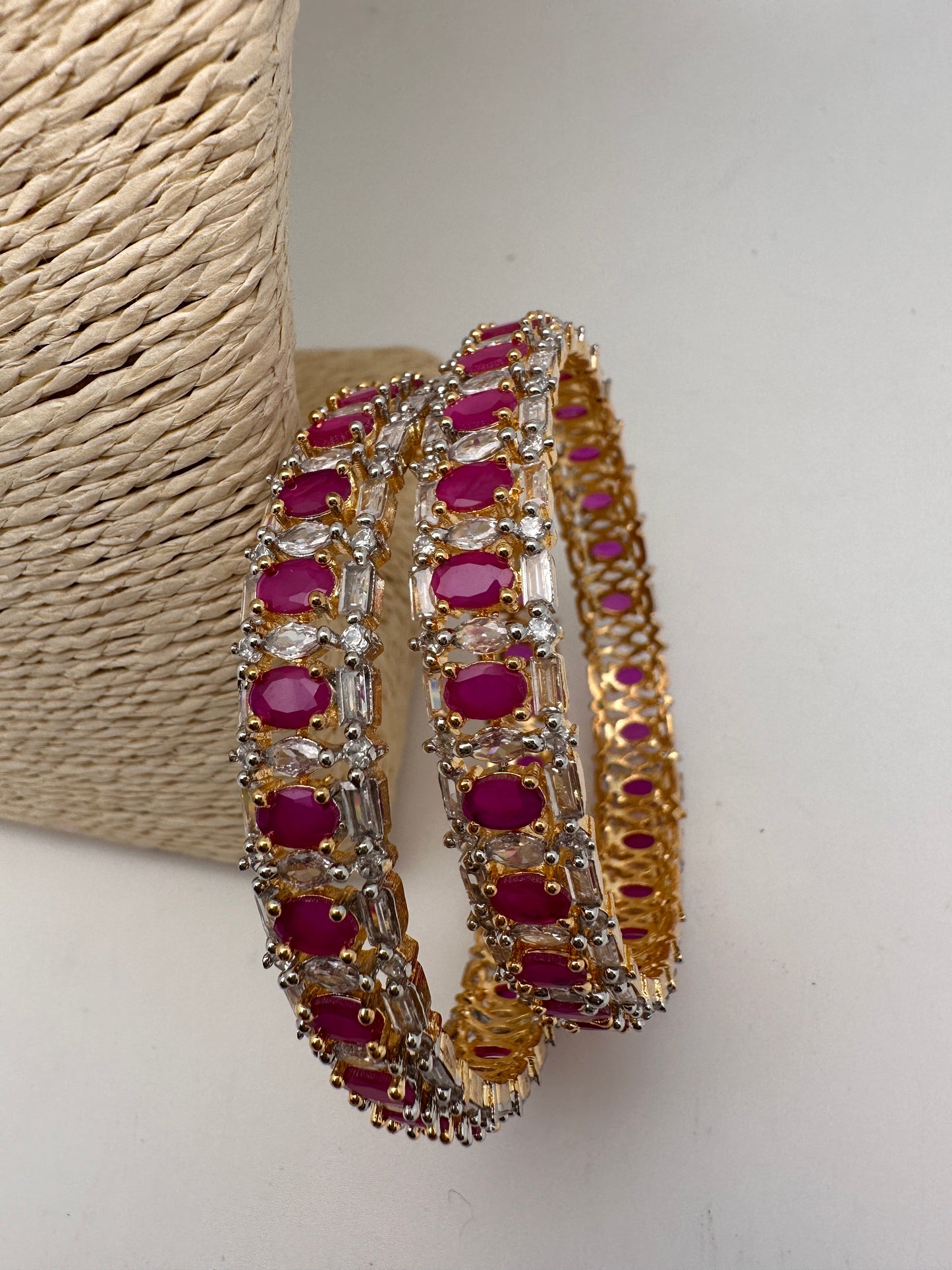 AD Ruby Red Stone Diamond Finish Bangles