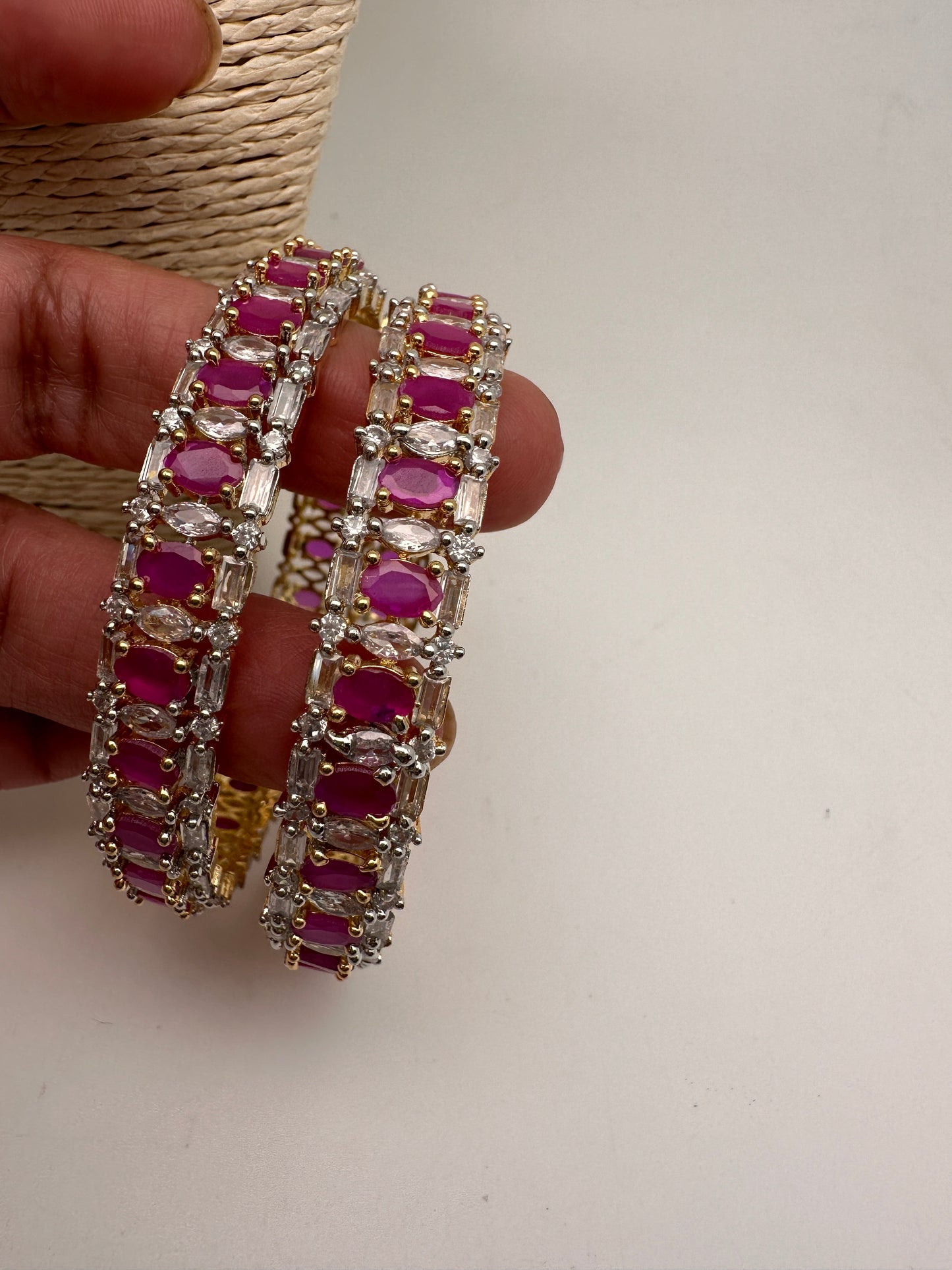 AD Ruby Red Stone Diamond Finish Bangles