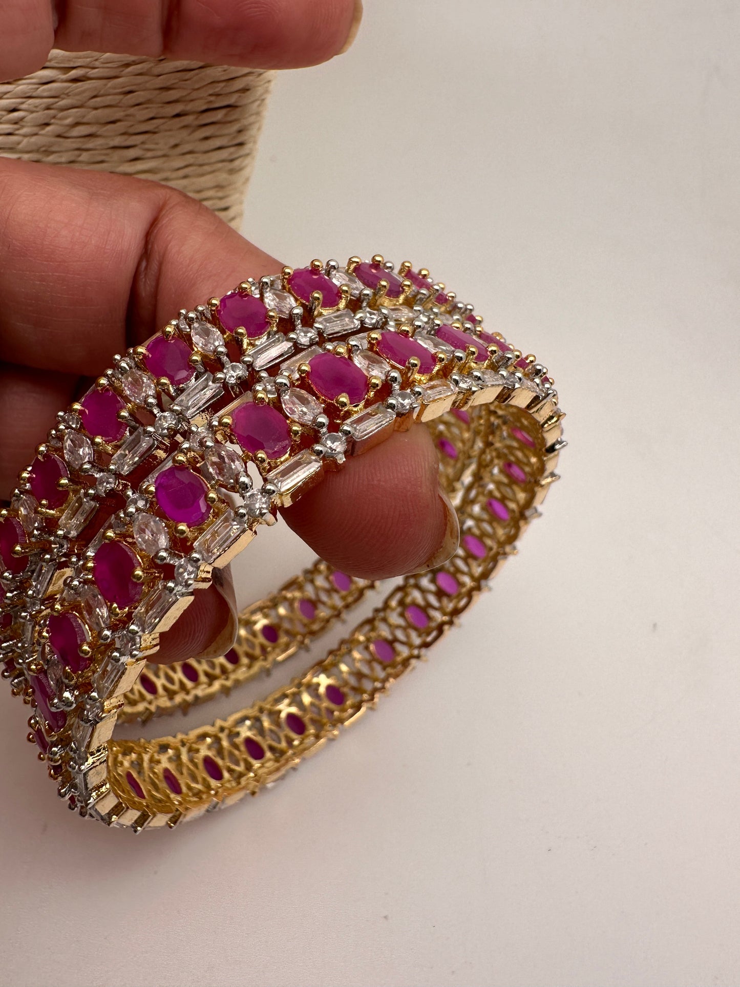 AD Ruby Red Stone Diamond Finish Bangles