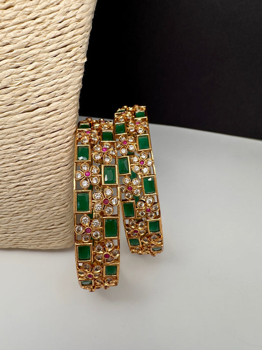 Green Stone CZ Floral Bangles