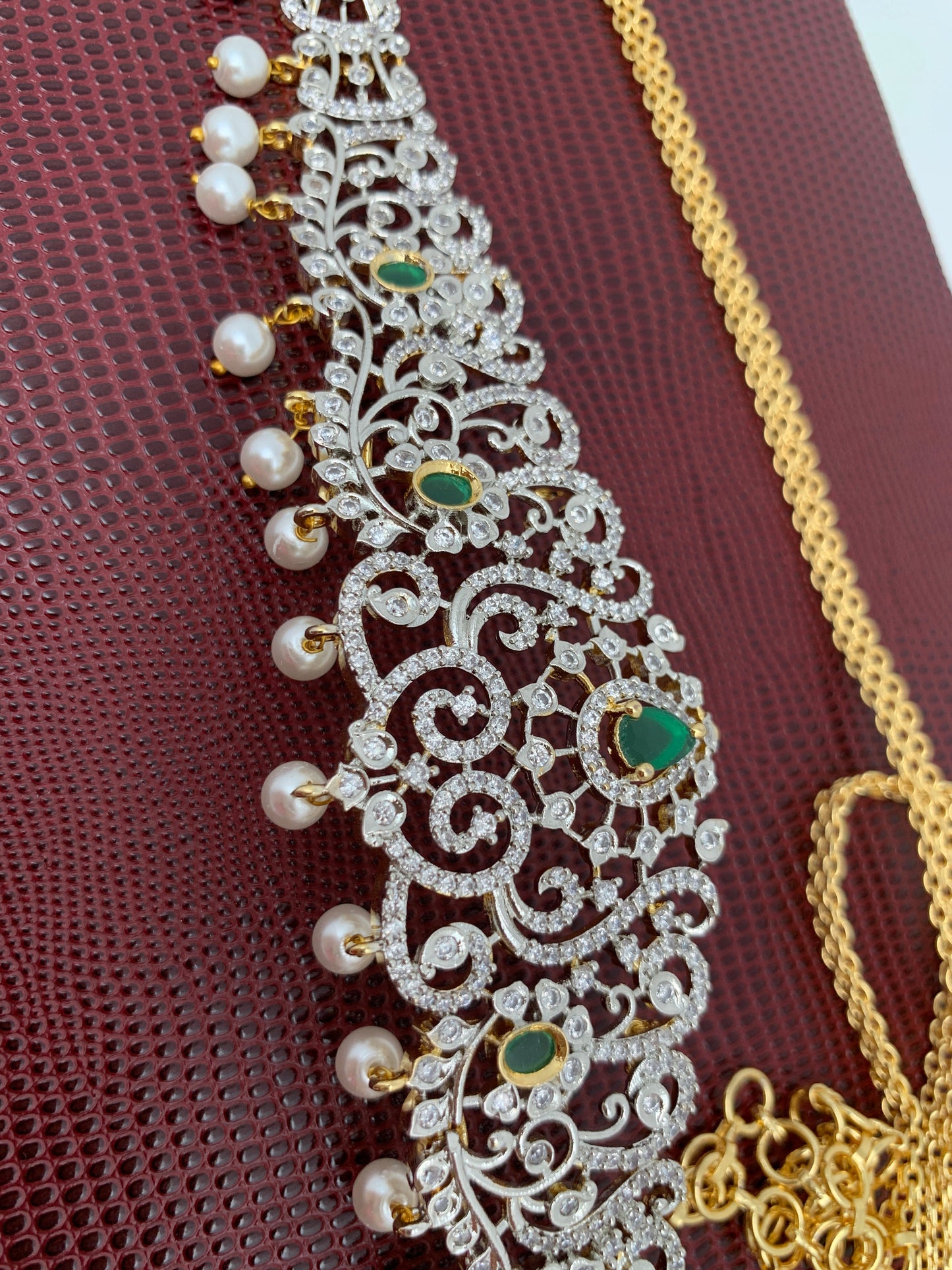 Green Stone AD Ganga Jamuna Finish Hip Chain