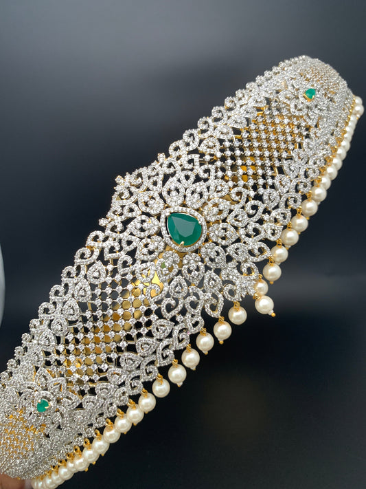 AD Diamond Finish Emerald Green Stone Hip Belt Kamarbandh