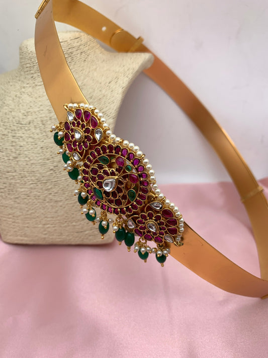 Kundan Red Kemp CZ Green Beads Satin Finish Waist Belt Vaddanam