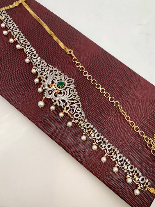 AD Green Stone Diamond Finish Peacock Design Waist Chain Vaddanam