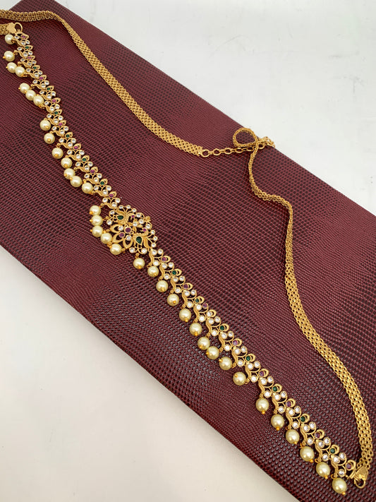 AD Red Green Stone Peacock Design Matte Finish Waist Chain Vaddanam