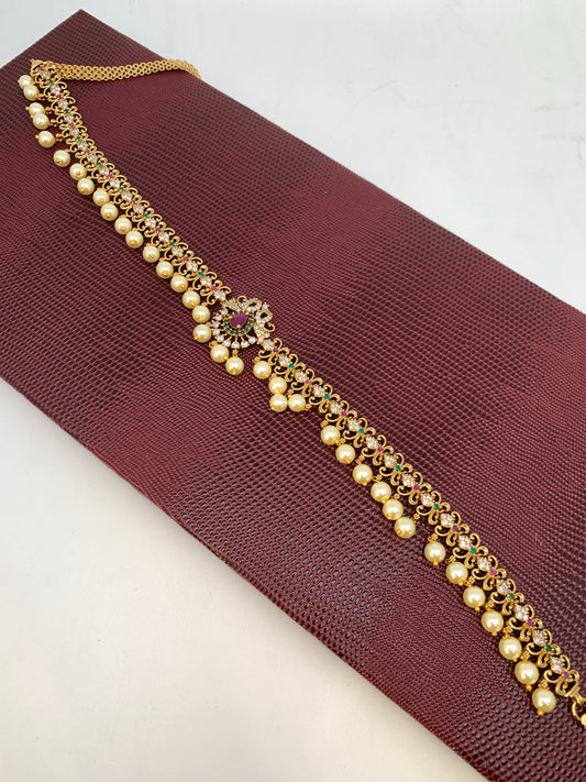 AD Red Green Stone Matte Finish Waist Chain Vaddanam