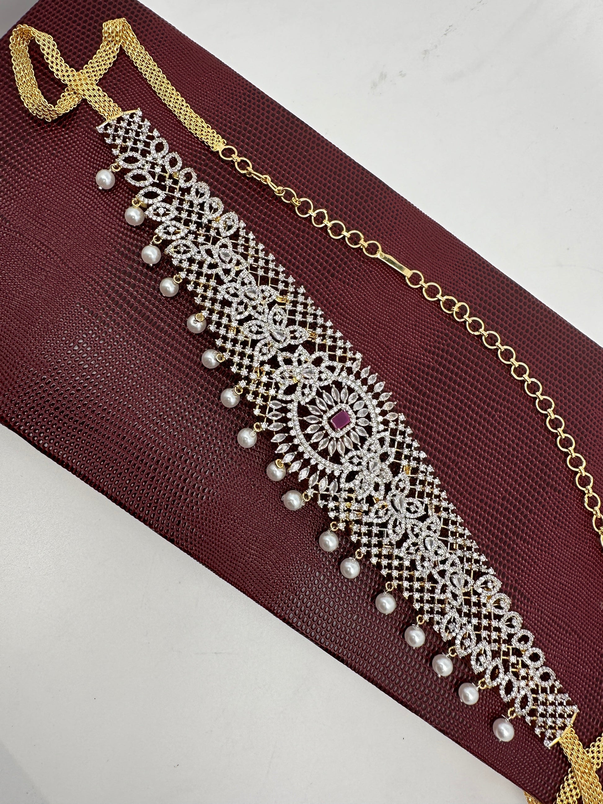 AD Color Stone Hip Chain Vaddanam - Red