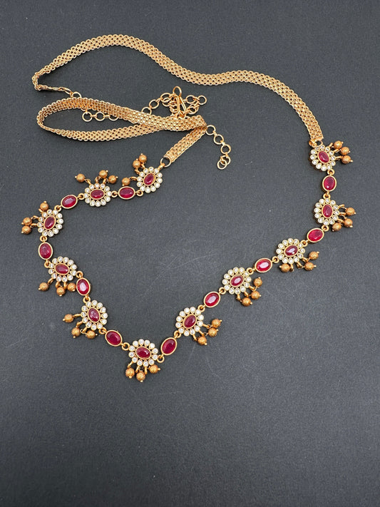 Sleek CZ Red Stone Matte Finish Floral Design Hip Chain Vaddanam