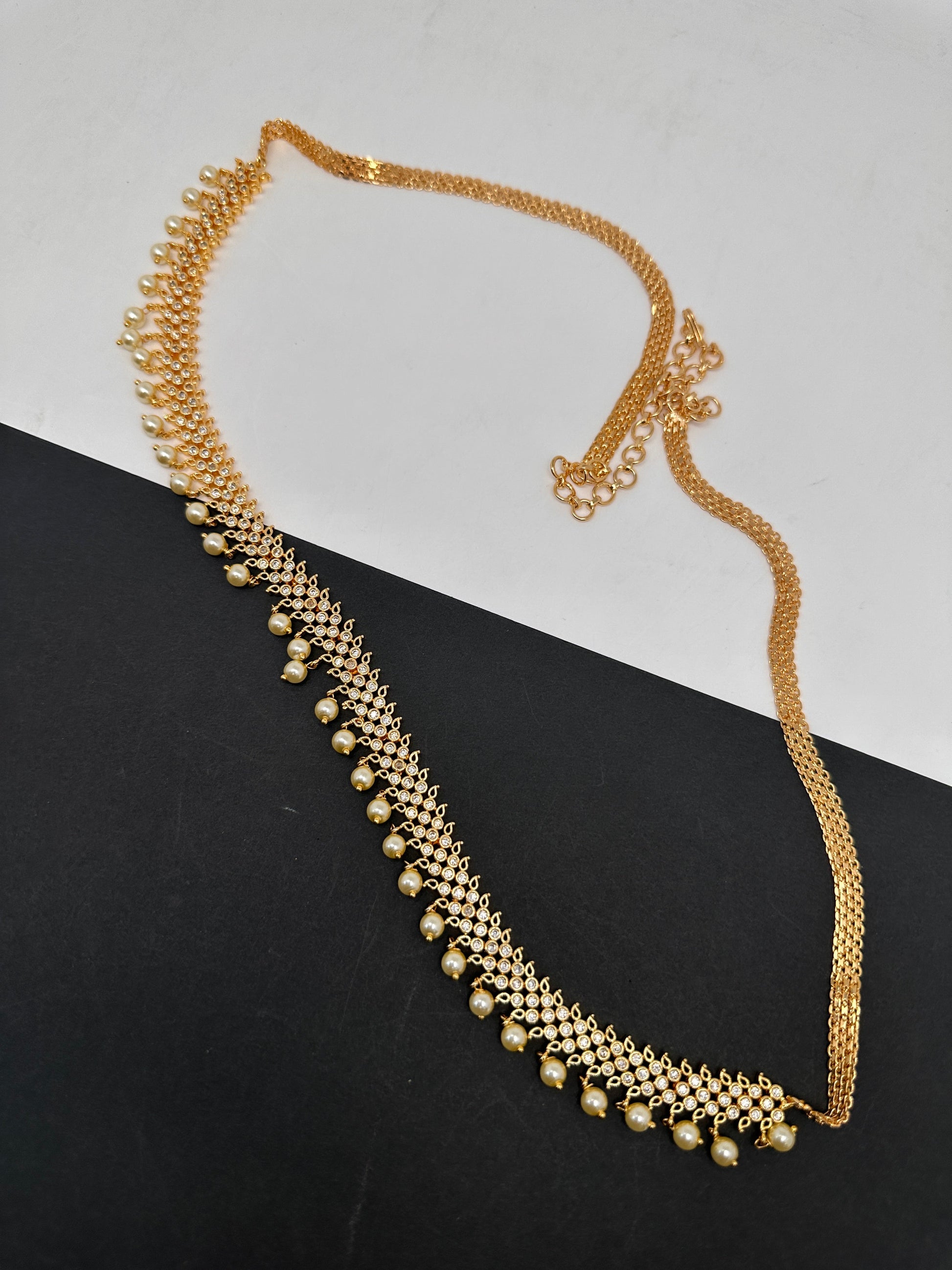 Sleek CZ Pearls Hip Chain Vaddanam