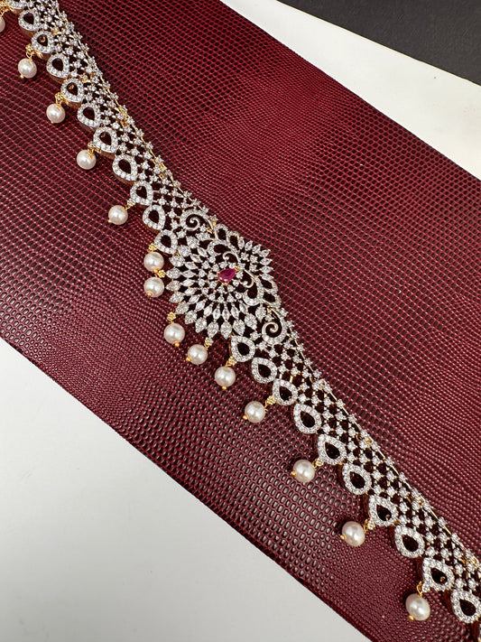 AD Ganga Jamuna Polish Color Stone Pearls Hip Chain Kamarbandh - Red