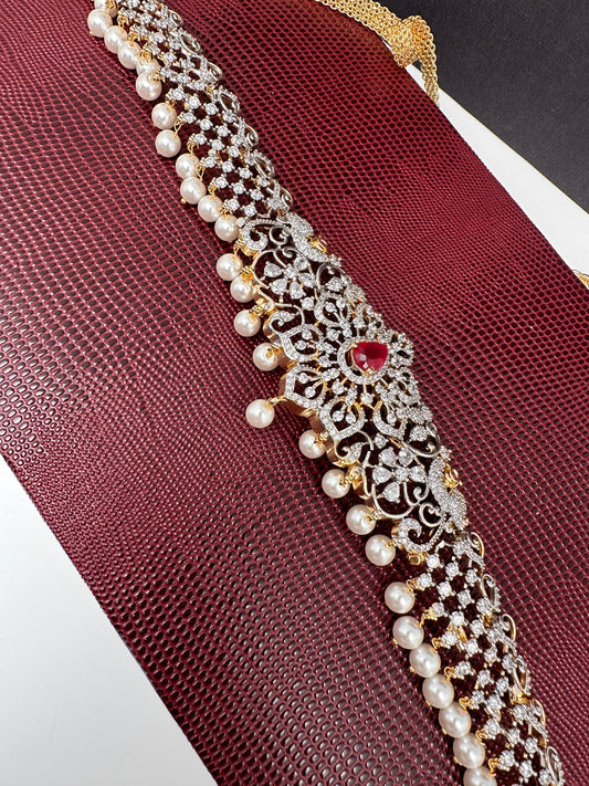 AD Ganga Jamuna Polish Color Stone Pearls Hip Chain Kamarbandh - Red